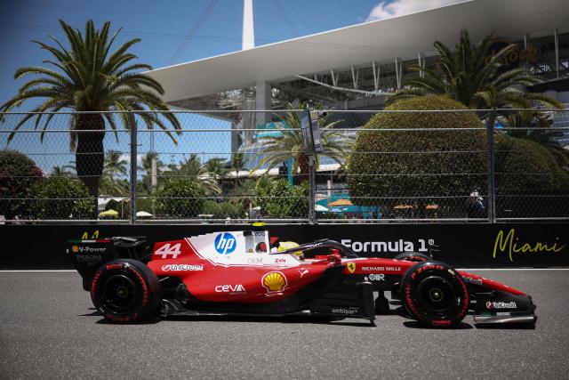 Ferrari's British driver Lewis Hamilton races during a practice session for the 2026 Miami Formula One Grand Prix at Miami International Autodrome in Miami Gardens, Florida, on May 1, 2026. (Photo by CHARLY TRIBALLEAU / AFP)