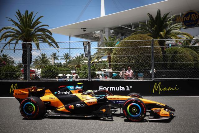 McLaren's British driver Lando Norris races during a practice session for the 2026 Miami Formula One Grand Prix at Miami International Autodrome in Miami Gardens, Florida, on May 1, 2026. (Photo by CHARLY TRIBALLEAU / AFP)