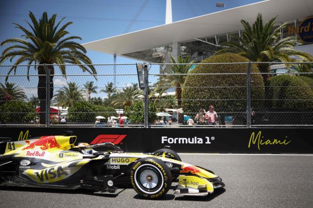 Racing Bulls' British driver Arvid Lindblad races during a practice session for the 2026 Miami Formula One Grand Prix at Miami International Autodrome in Miami Gardens, Florida, on May 1, 2026. (Photo by CHARLY TRIBALLEAU / AFP)
