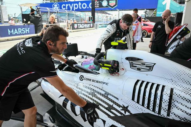 Cadillac's Finnish driver Valtteri Bottas returns to his garage during a practice session for the 2026 Miami Formula One Grand Prix at Miami International Autodrome in Miami Gardens, Florida, on May 1, 2026. (Photo by CHANDAN KHANNA / AFP)