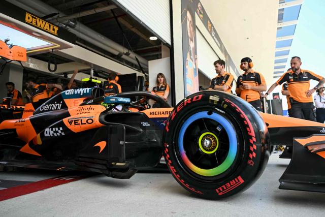 McLaren's British driver Lando Norris pulls out of his garage in pit lane during a practice session for the 2026 Miami Formula One Grand Prix at Miami International Autodrome in Miami Gardens, Florida, on May 1, 2026. (Photo by CHANDAN KHANNA / AFP)