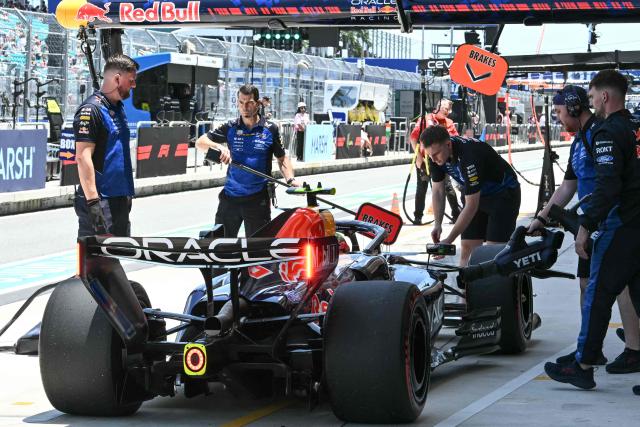 Red Bull Racing's French driver Isack Hadjar makes a pit stop during a practice session for the 2026 Miami Formula One Grand Prix at Miami International Autodrome in Miami Gardens, Florida, on May 1, 2026. (Photo by CHANDAN KHANNA / AFP)