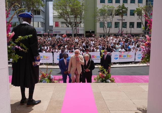 Britain's King Charles III arrives for a visit to the City Hall and Arts Centre, in Hamilton Bermuda, on May 1, 2026. King Charles III is in Bermuda for his first visit to a British Overseas Territory as Sovereign. (Photo by Yui Mok / POOL / AFP)