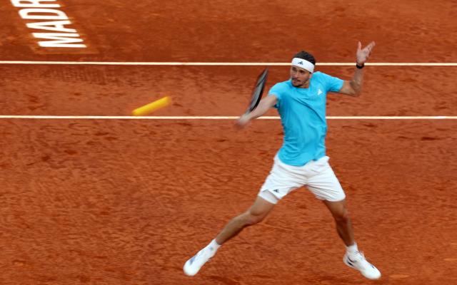Germany's Alexander Zverev returns the ball to Belgium's Alexander Blockx during their 2026 ATP Tour Madrid Open tennis tournament semi-final singles match at the Caja Magica in Madrid, on May 1, 2026. (Photo by Thomas COEX / AFP)