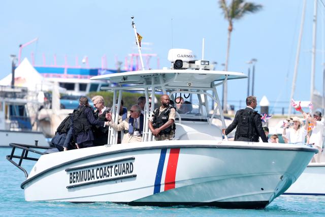 Britain's King Charles III onboard the Coast Guard’s console boat during a Coast Guard briefing on May 1, 2026 in Hamilton, Bermuda. King Charles III is in Bermuda for his first visit to a British Overseas Territory as Sovereign. (Photo by Chris Jackson / POOL / AFP)