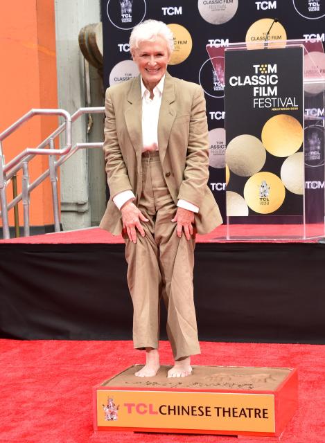 US actress Glenn Close poses during her hand and footprint ceremony at the TCL Chinese Theatre IMAX as part of the TCM Classic Film Festival in Hollywood, California on May 1, 2026. (Photo by Chris Delmas / AFP)