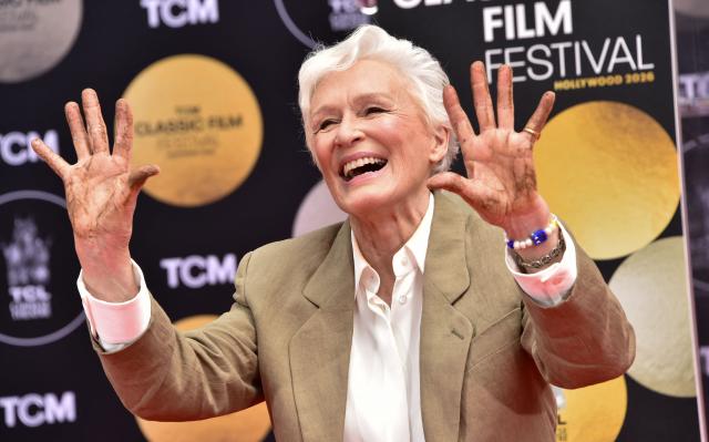 US actress Glenn Close poses during her hand and footprint ceremony at the TCL Chinese Theatre IMAX as part of the TCM Classic Film Festival in Hollywood, California on May 1, 2026. (Photo by Chris Delmas / AFP)