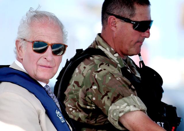 Britain's King Charles III onboard the Coast Guard’s console boat during a Coast Guard briefing on May 1, 2026 in Hamilton, Bermuda. King Charles III is in Bermuda for his first visit to a British Overseas Territory as Sovereign. (Photo by Chris Jackson / POOL / AFP)