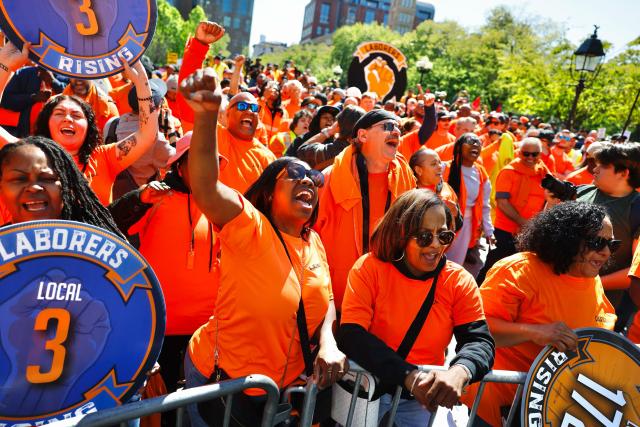 Demonstrators attend a May Day rally marking International Workers' Day in New York, on May 1, 2026. (Photo by Kena Betancur / AFP)