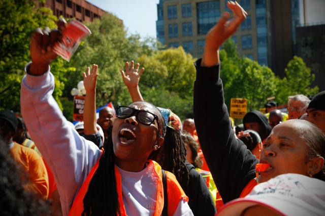 Demonstrators attend a May Day rally marking International Workers' Day in New York, on May 1, 2026. (Photo by Kena Betancur / AFP)