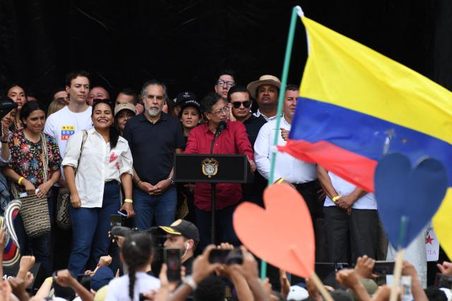 Colombia's President Gustavo Petro delivers a speech during a May Day rally marking International Workers Day, in Medellin, Antioquia department, Colombia, on May 1, 2026. (Photo by Jaime SALDARRIAGA / AFP)