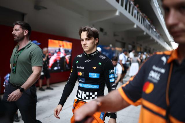 McLaren's Australian driver Oscar Piastri walks toward his garage before the start of Sprint qualifying ahead of the 2026 Miami Formula One Grand Prix at Miami International Autodrome in Miami Gardens, Florida, on May 1, 2026. (Photo by CHARLY TRIBALLEAU / AFP)
