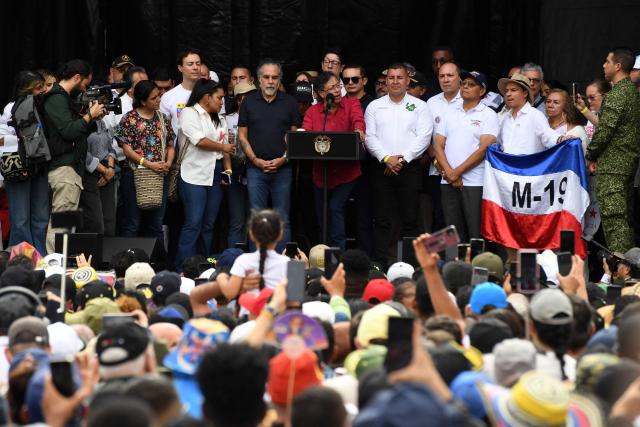 Colombia's President Gustavo Petro (C) delivers a speech during a rally marking International Workers Day, in Medellin, Antioquia department, Colombia, on May 1, 2026. (Photo by Jaime SALDARRIAGA / AFP)