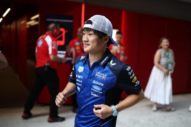 Racing Bulls' Japanese reserve driver Yuki Tsunoda walks to the garage before the start of Sprint qualifying ahead of the 2026 Miami Formula One Grand Prix at Miami International Autodrome in Miami Gardens, Florida, on May 1, 2026. (Photo by CHARLY TRIBALLEAU / AFP)