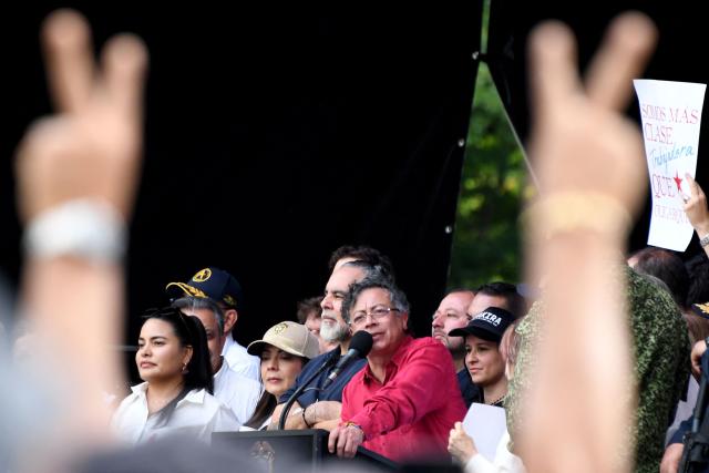 Colombia's President Gustavo Petro delivers a speech during a rally marking International Workers Day, in Medellin, Antioquia department, Colombia, on May 1, 2026. (Photo by Jaime SALDARRIAGA / AFP)