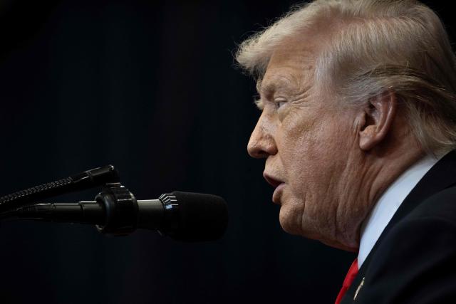 US President Donald Trump gives a speech about taxes and Social Security in The Villages, Florida, on May 1, 2026. (Photo by Jim WATSON / AFP)