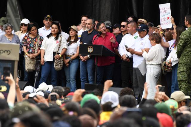 Colombia's President Gustavo Petro (C) delivers a speech during a rally marking International Workers Day in Medellin, Antioquia department, Colombia, on May 1, 2026. (Photo by Jaime SALDARRIAGA / AFP)