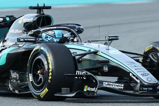 Mercedes' British driver George Russell races during Sprint qualifying ahead of the 2026 Miami Formula One Grand Prix at Miami International Autodrome in Miami Gardens, Florida, on May 1, 2026. (Photo by CHARLY TRIBALLEAU / AFP)
