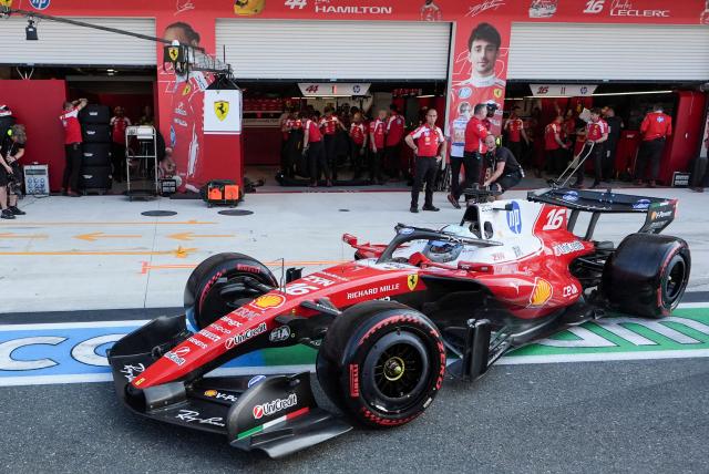 Ferrari's Monegasque driver Charles Leclerc races out of pit lane during Sprint qualifying ahead of the 2026 Miami Formula One Grand Prix at Miami International Autodrome in Miami Gardens, Florida, on May 1, 2026. (Photo by Lynne Sladky / POOL / AFP)