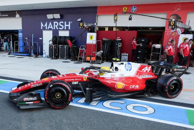 Ferrari's British driver Lewis Hamilton races out of pit lane during Sprint qualifying ahead of the 2026 Miami Formula One Grand Prix at Miami International Autodrome in Miami Gardens, Florida, on May 1, 2026. (Photo by Lynne Sladky / POOL / AFP)