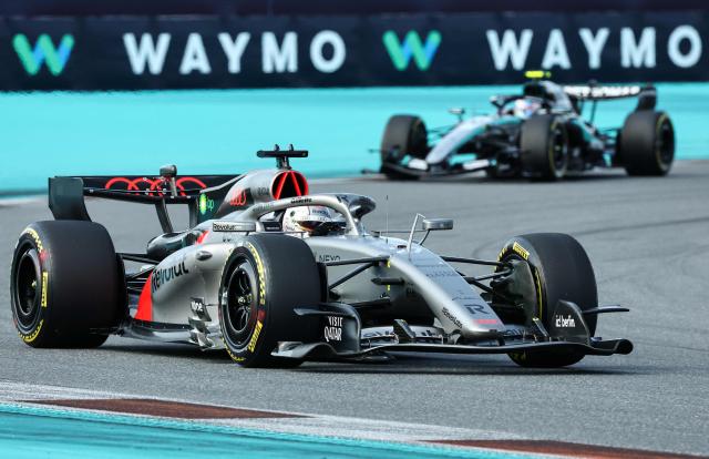 (L/R) Audi's German driver Nico Hulkenberg and Mercedes' Italian driver Kimi Antonelli race during Sprint qualifying ahead of the 2026 Miami Formula One Grand Prix at Miami International Autodrome in Miami Gardens, Florida, on May 1, 2026. (Photo by CHARLY TRIBALLEAU / AFP)