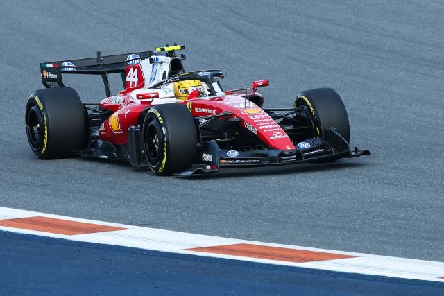 Ferrari's British driver Lewis Hamilton races during Sprint qualifying ahead of the 2026 Miami Formula One Grand Prix at Miami International Autodrome in Miami Gardens, Florida, on May 1, 2026. (Photo by CHARLY TRIBALLEAU / AFP)