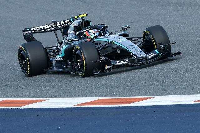Mercedes' Italian driver Kimi Antonelli races during Sprint qualifying ahead of the 2026 Miami Formula One Grand Prix at Miami International Autodrome in Miami Gardens, Florida, on May 1, 2026. (Photo by CHARLY TRIBALLEAU / AFP)