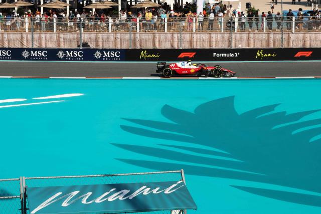 Ferrari's British driver Lewis Hamilton races during Sprint qualifying ahead of the 2026 Miami Formula One Grand Prix at Miami International Autodrome in Miami Gardens, Florida, on May 1, 2026. (Photo by CHARLY TRIBALLEAU / AFP)
