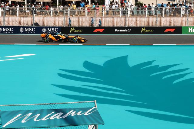 McLaren's British driver Lando Norris races during Sprint qualifying ahead of the 2026 Miami Formula One Grand Prix at Miami International Autodrome in Miami Gardens, Florida, on May 1, 2026. (Photo by CHARLY TRIBALLEAU / AFP)
