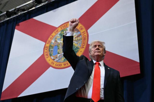 US President Donald Trump cheers supporters after speaking about taxes and Social Security in The Villages, Florida, on May 1, 2026. (Photo by Jim WATSON / AFP)