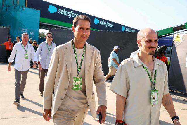 Former Spanish tennis player Rafael Nadal walks in the paddock during Sprint qualifying ahead of the 2026 Miami Formula One Grand Prix at Miami International Autodrome in Miami Gardens, Florida, on May 1, 2026. (Photo by CHARLY TRIBALLEAU / AFP)