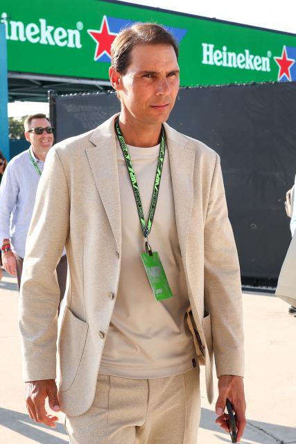 Former Spanish tennis player Rafael Nadal walks in the paddock during Sprint qualifying ahead of the 2026 Miami Formula One Grand Prix at Miami International Autodrome in Miami Gardens, Florida, on May 1, 2026. (Photo by CHARLY TRIBALLEAU / AFP)