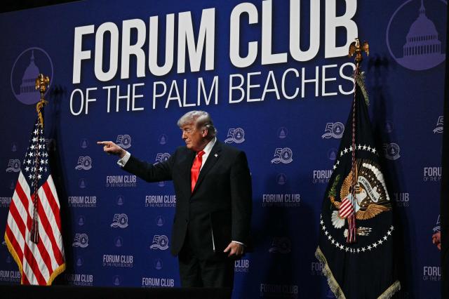 US President Donald Trump attends The Forum Club of the Palm Beaches Dinner at the Raymond F. Kravis Center for the Performing Arts in West Palm Beach, Florida on May 1, 2026. (Photo by Jim WATSON / AFP)