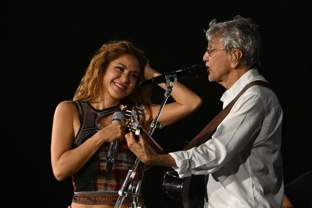 Colombian singer Shakira (L) and Brazilian singer Caetano Veloso perform during a rehearsal at Copacabana Beach in Rio de Janeiro, Brazil, on May 1, 2026. The Colombian singer is scheduled to perform on May 2. (Photo by Mauro PIMENTEL / AFP)