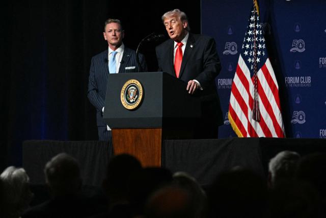 US President Donald Trump speaks at The Forum Club of the Palm Beaches Dinner at the Raymond F. Kravis Center for the Performing Arts in West Palm Beach, Florida on May 1, 2026. (Photo by Jim WATSON / AFP)