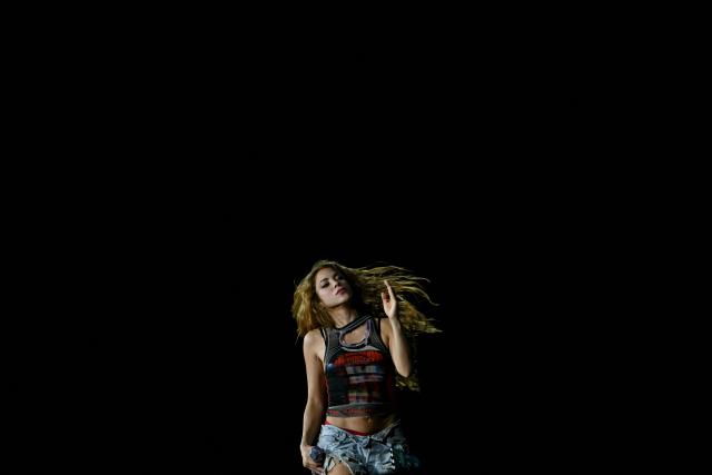 Colombian singer Shakira performs on stage during a rehearsal at Copacabana Beach in Rio de Janeiro, Brazil, on May 1, 2026. The Colombian singer is scheduled to perform on May 2. (Photo by Mauro PIMENTEL / AFP)