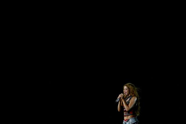 Colombian singer Shakira performs on stage during a rehearsal at Copacabana Beach in Rio de Janeiro, Brazil, on May 1, 2026. The Colombian singer is scheduled to perform on May 2. (Photo by Mauro PIMENTEL / AFP)