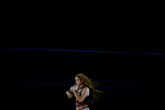 Colombian singer Shakira performs on stage during a rehearsal at Copacabana Beach in Rio de Janeiro, Brazil, on May 1, 2026. The Colombian singer is scheduled to perform on May 2. (Photo by Mauro PIMENTEL / AFP)
