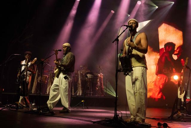 Brazilian band Gilsons' (L to R) Joa, Jose and Facundo Gil perform at Vivo Rio in Rio de Janeiro, Brazil, on May 1, 2026. (Photo by Pablo PORCIUNCULA / AFP)