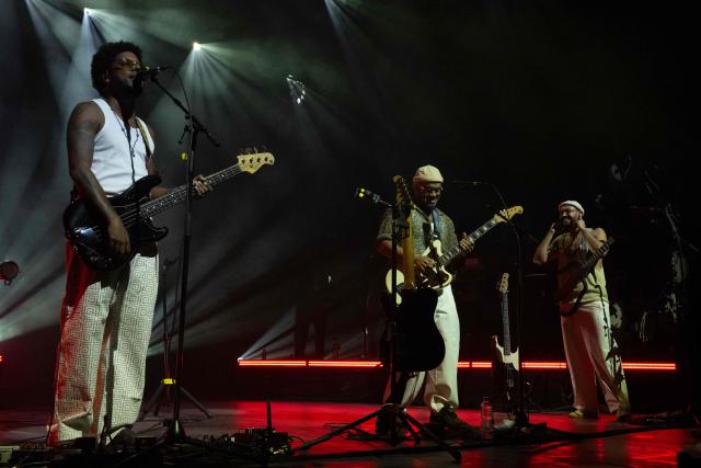 Brazilian band Gilsons' (L to R) Joa, Jose and Facundo Gil perform at Vivo Rio in Rio de Janeiro, Brazil, on May 1, 2026. (Photo by Pablo PORCIUNCULA / AFP)