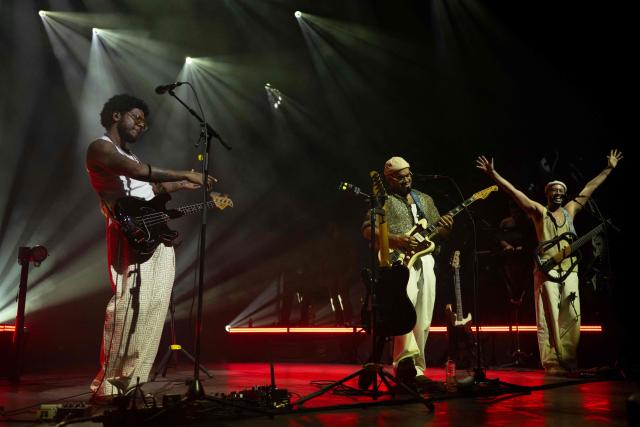 Brazilian band Gilsons' (L to R) Joa, Jose and Facundo Gil perform at Vivo Rio in Rio de Janeiro, Brazil, on May 1, 2026. (Photo by Pablo PORCIUNCULA / AFP)