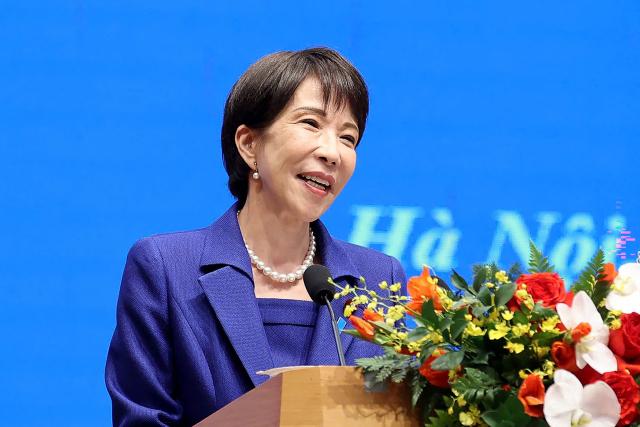 Japan's Prime Minister Sanae Takaichi speaks during a press conference at the government office in Hanoi on May 2, 2026. (Photo by AFP)