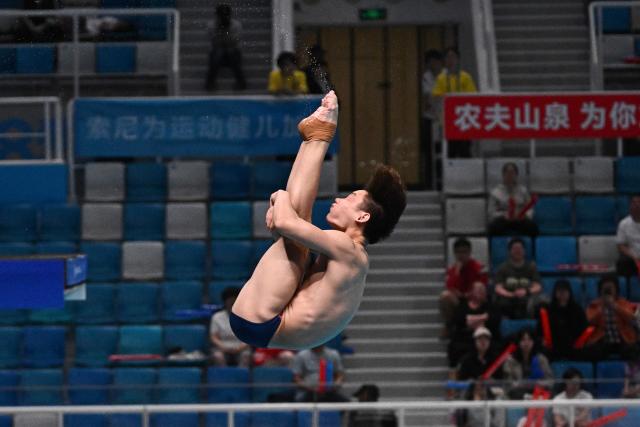 China's Zheng Jiuyan competes in the men´s 3m springboard event at the World Aquatics Diving World Cup Super Finals in Beijing on May 2, 2026. (Photo by Pedro PARDO / AFP)