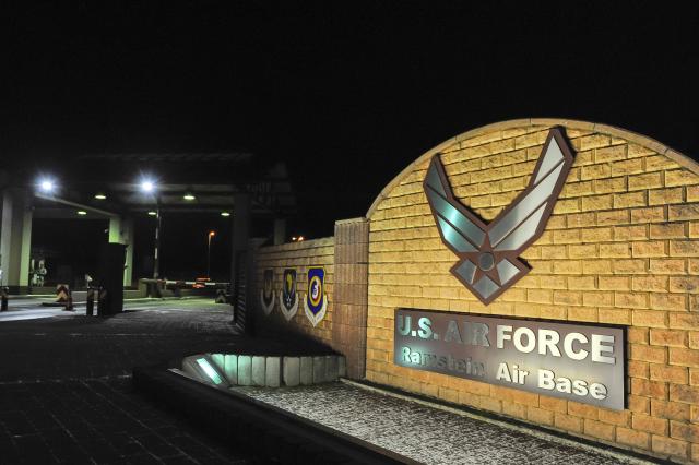 (FILES) A picture taken on January 17, 2016 shows the logo at the entrance of the US Air base in Ramstein. Germany's defence minister on May 2, 2026, said the withdrawal of American troops from Germany had been expected and that Europe needed to do more to ensure its own security. The Pentagon on May 1, announced the withdrawal of about 5,000 troops from Germany within the next year, the latest rift in transatlantic ties over the Mideast war. (Photo by Jean-Christophe VERHAEGEN / AFP)