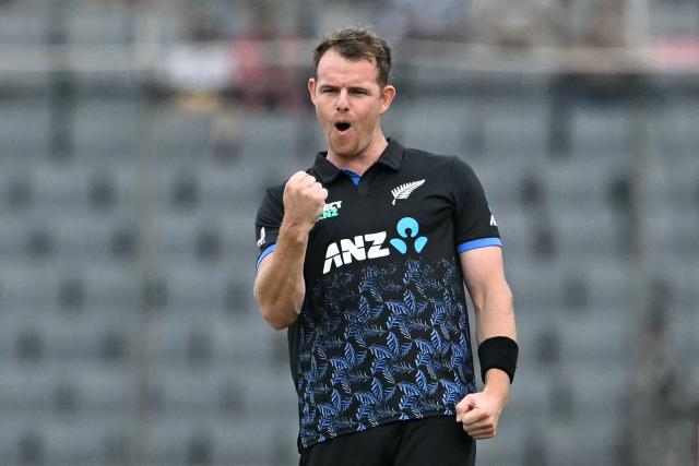New Zealand's Josh Clarkson celebrates after taking the wicket of Bangladesh's captain Litton Das during the third T20 cricket match between Bangladesh and New Zealand at the Sher-e-Bangla National Stadium in Mirpur on May 2, 2026. (Photo by Munir UZ ZAMAN / AFP)