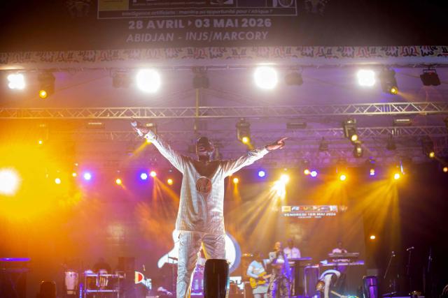 Senegalese singer and artist Youssou N’Dour performs during the 18th Anoumabo Urban Music Festival (FEMUA) in Abidjan on May 1, 2026. (Photo by Chris Boli / AFP)
