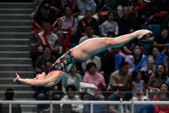 Japan's Rin Kaneto competes in the the women’s 10m platform event at the World Aquatics Diving World Cup Super Final, at the Water Cube in Beijing on May 2, 2026. (Photo by Pedro PARDO / AFP)