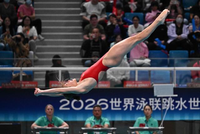 Canadaґs Kate Miller competes in the the women’s 10m platform event at the World Aquatics Diving World Cup Super Final, at the Water Cube in Beijing on May 2, 2026. (Photo by Pedro PARDO / AFP)