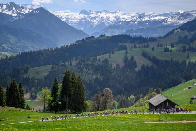 The pack climbs the Jaunpass during the fourth stage of the Tour of Romandie UCI cycling World tour, 149.6 km from Broc and to Charmey, in Jaunpass, Switzerland, on May, 2, 2026. (Photo by Fabrice COFFRINI / AFP)