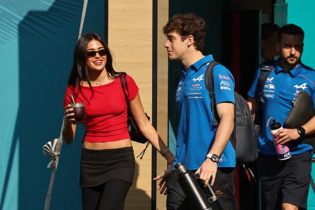 Alpine's Argentine driver Franco Colapinto and Maia Reficco arrive for the 2026 Miami Formula One Sprint at Miami International Autodrome in Miami Gardens, Florida, on May 2, 2026. (Photo by CHARLY TRIBALLEAU / AFP)